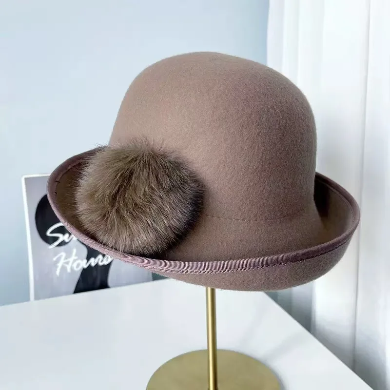 

French elegant woolen basin hat light luxury high-end socialite rolled edge big fur ball fisherman hat women's banquet top hat