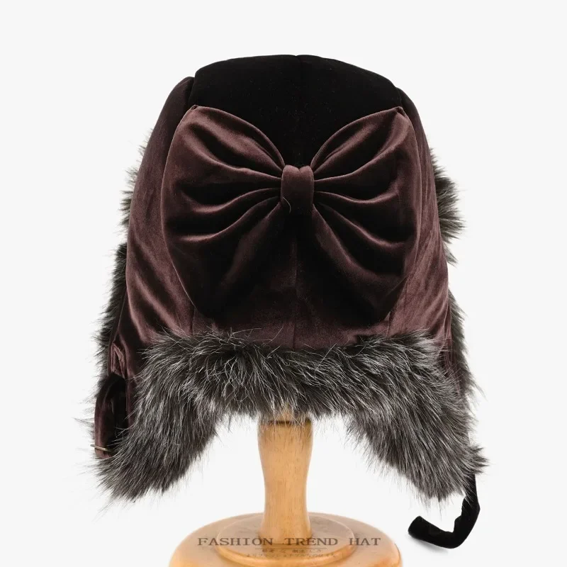 Winter plush warm ear protectors cute bow cold hat woman