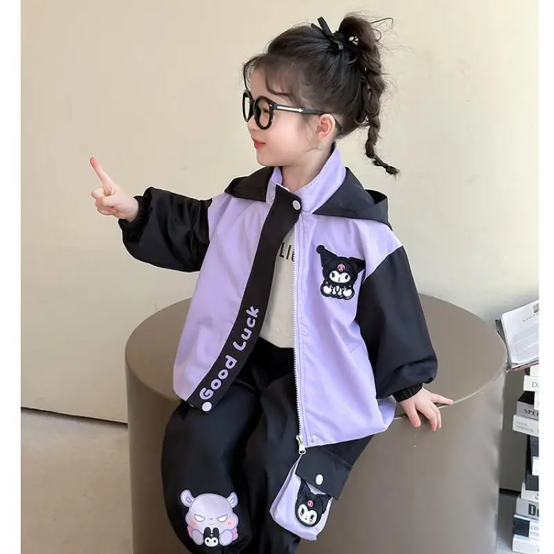 

Sanrio Y2K Girl Outdoor Jackets Set Kuromi Kawaii Anime Fashion Student Spring and Autumn Coat Sweat Pants 2-Piece Set Clothing