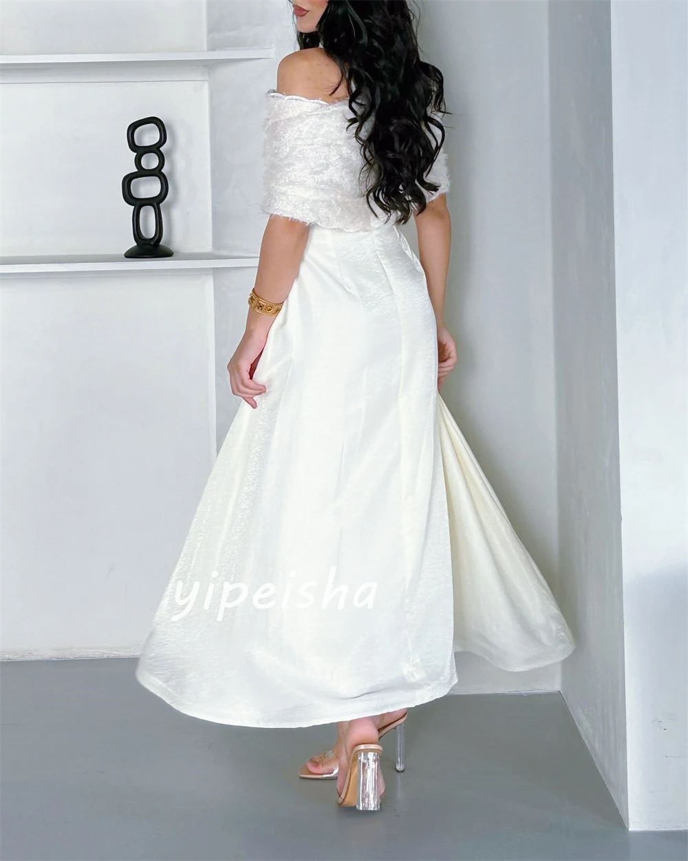 Jersey Sequined Feather Ruched Wedding Party A-line Off-the-shoulder Bespoke Occasion Gown Midi Dresses