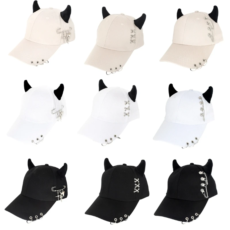 Fashion Streetwear Caps Baseball Caps With Metal Rings Adjustable Strap Cotton Horn Hat Unique Streetwear For Men And Women