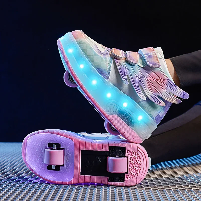 Children Roller Skate Casual Sport Shoes Girls Boys LED Charging Luminous Wings Shoes USB Colorful Light Shoes With Two Wheels