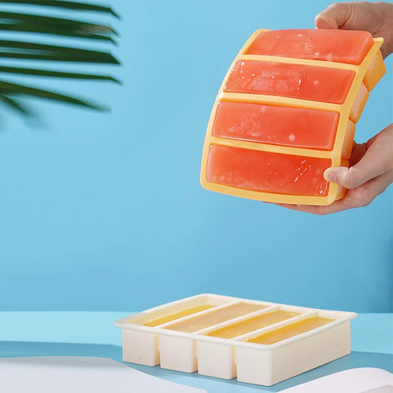 

4-grid Ice Cube Mold Silicone Reusable Food Mould Rectangular Frozen Tray With Cover Durable Kitchen Storage Box Kitchen Tool