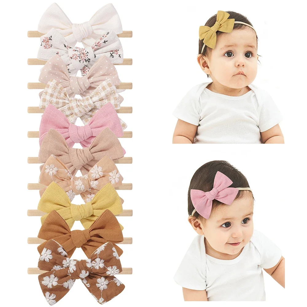 10-teiliges Baby-Haarband-Set mit bestickter Schleife, handgefertigt, Baumwolle, Haarschmuck, Kleinkind, Kinder, Haarspangen, Haarnadeln, 3,54 Zoll