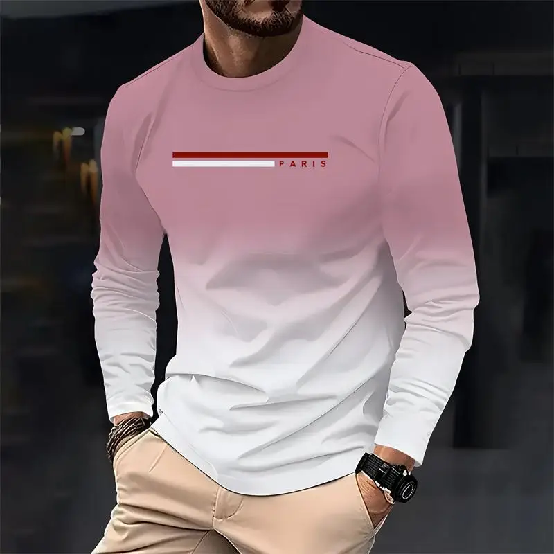 باريس الأصلي الرجال فضفاضة طويلة الأكمام تي شيرت مطبوع موضة crewneck تي شيرت غير رسمي الراحة اليومية الرجال الربيع والخريف