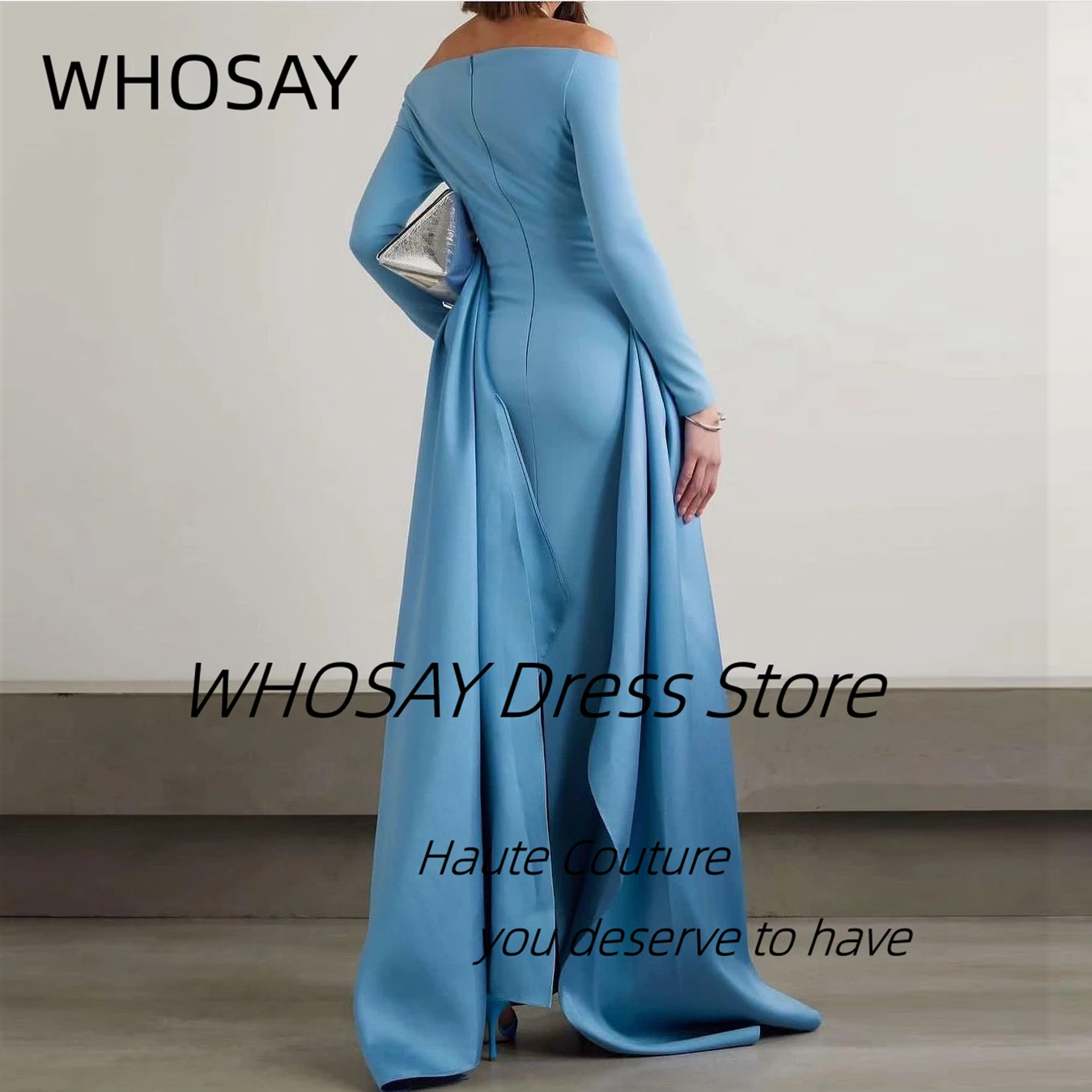 WHOSAY Elegant Women Wear Bateau Neck Evening Dresses Long Sleeves Flutters Train Prom Dress Zipper Back Formal Party Gowns