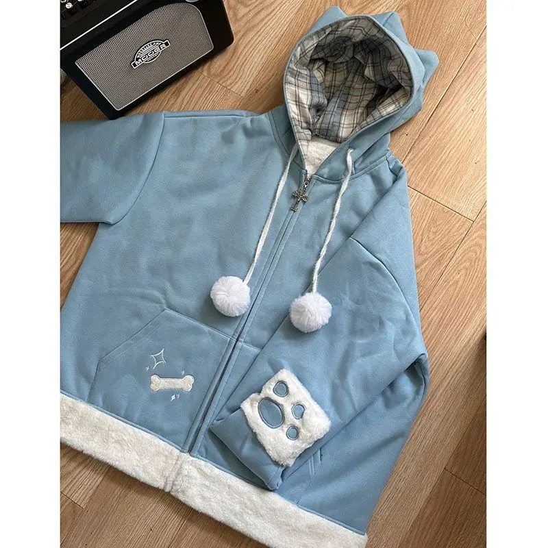 Japanese Embroidered Ear Hooded Jacket Harajuku Chaquetas Para Mujer Women Plaid Coat Hoodie Cat Sweatshirt New