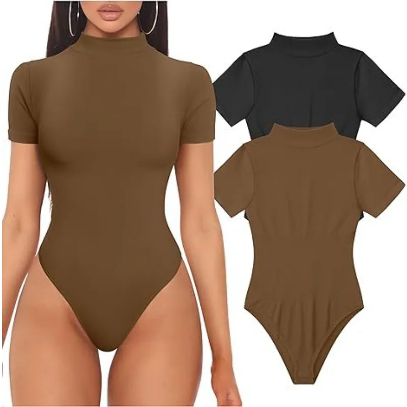 Short Sleeve Turtleneck Bodysuit Women Sexy Tops Summer One-piece Clothes Black White Y2K Vintage Elegant Jumpsuits for Womens