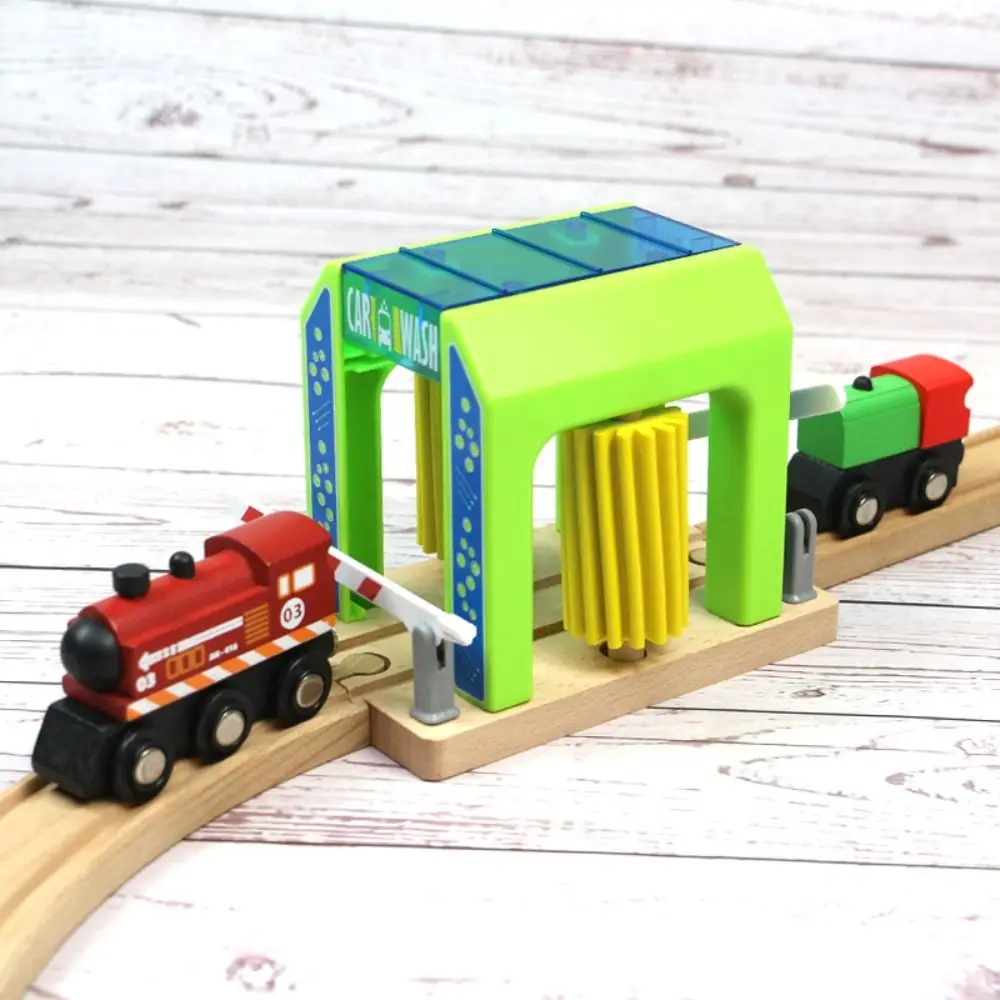 Building Blocks Connection Wooden Train Tracks Railway Toys Police Station Fire Dept Urban Police Station Car Wash Room DIY