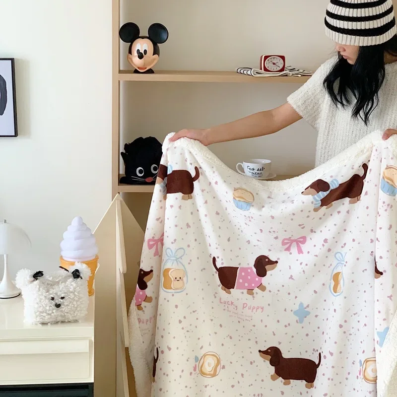 Lamb Nap Cartoon Printed Blanket for Winter Cute Coral Milk Velvet Thick Sofa Shawl Super Soft Air Conditioner Quilt for Office