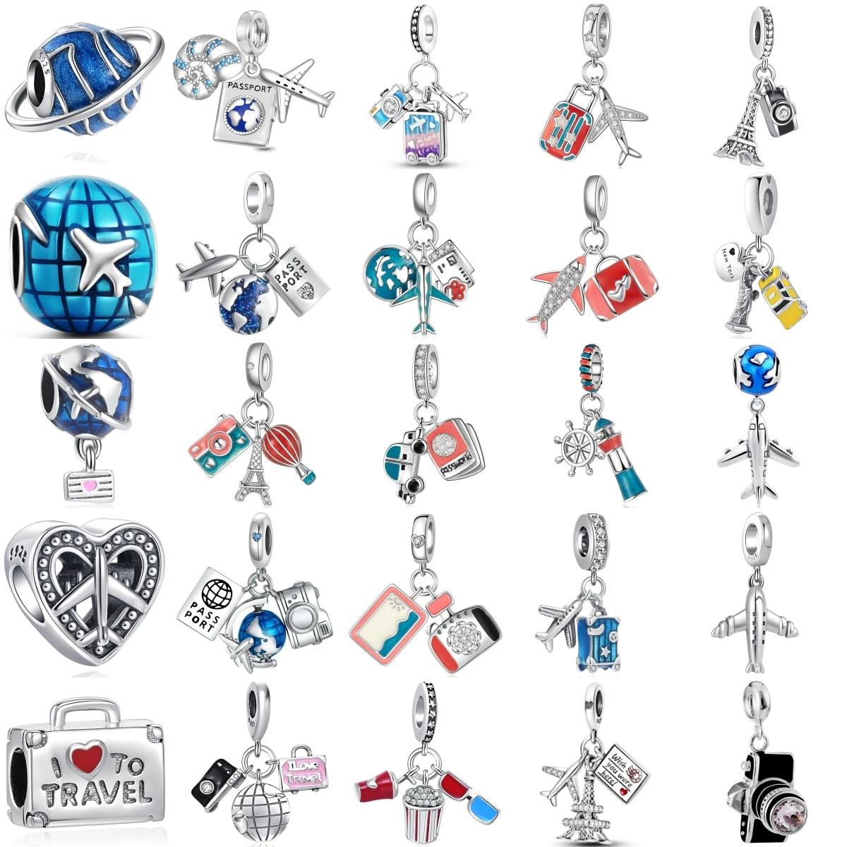New 925 Sterling Silver Airplane Camera Suitcase Eiffel Tower Pendant Travel Life DIY Fit Original Bracelet Jewelry Charm