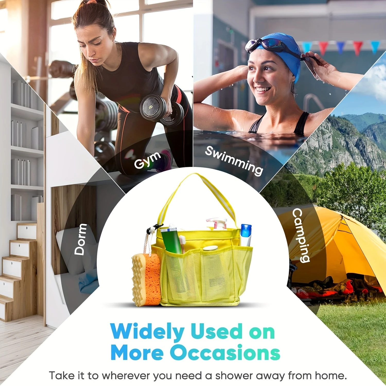 메쉬 샤워 캐디 토트 백, 7 개의 포켓이있는 대용량, 대학 기숙사, 체육관, 수영을위한 휴대용 욕실 세면 용품 주최자,