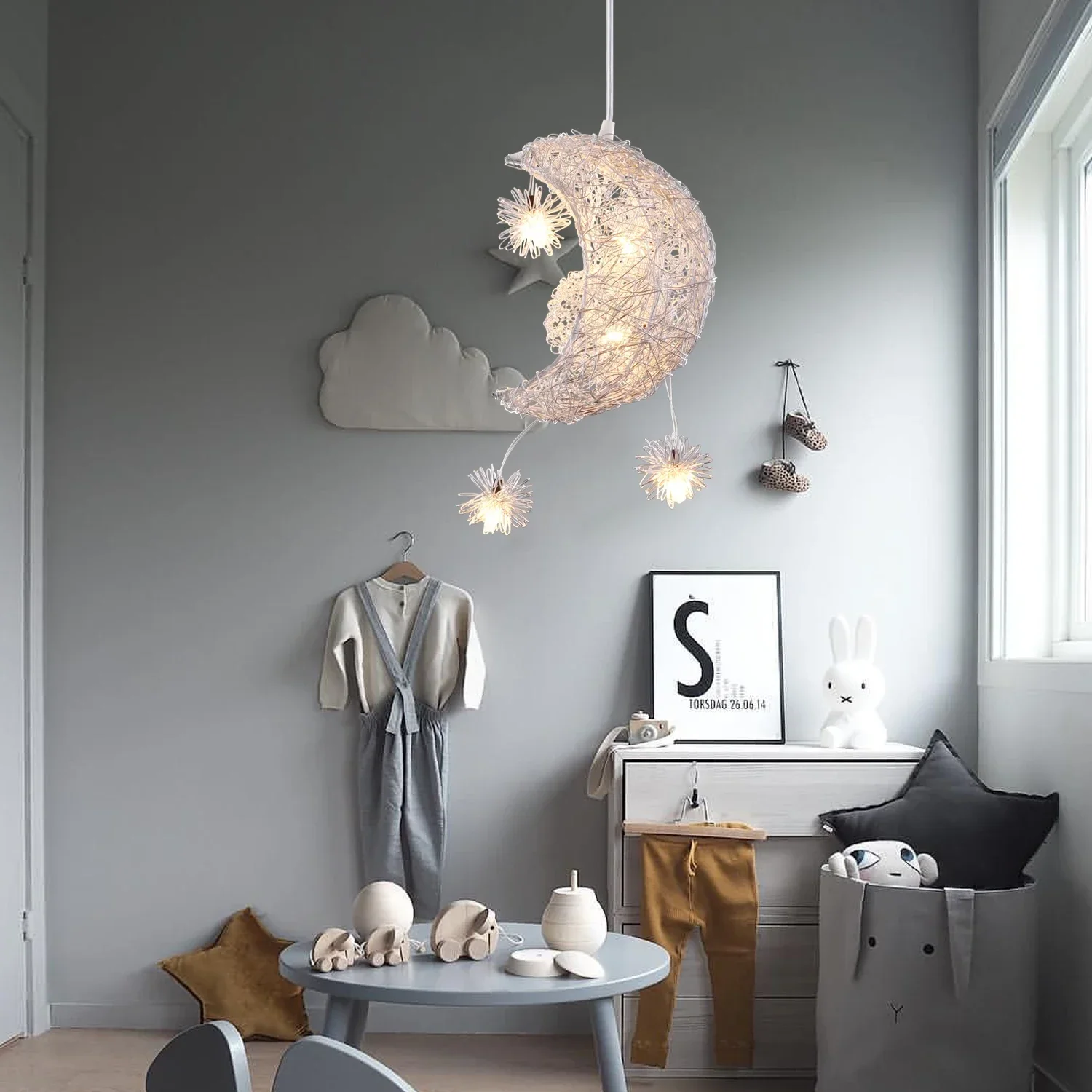 Modern LED Moon Star Pendant Light Suspension Luminaire Kids Bedroom Hanging Ceiling Lamp Christmas Home Decor Fixture Lighting