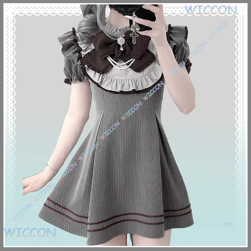 

Dunayskiy/Пуф-рукава с галстуком-бабочкой, милое стильное серое платье в вертикальную полоску в стиле Лолиты, полный комплект, праздничный костюм, новинка лета 2021, платье Y2k для H