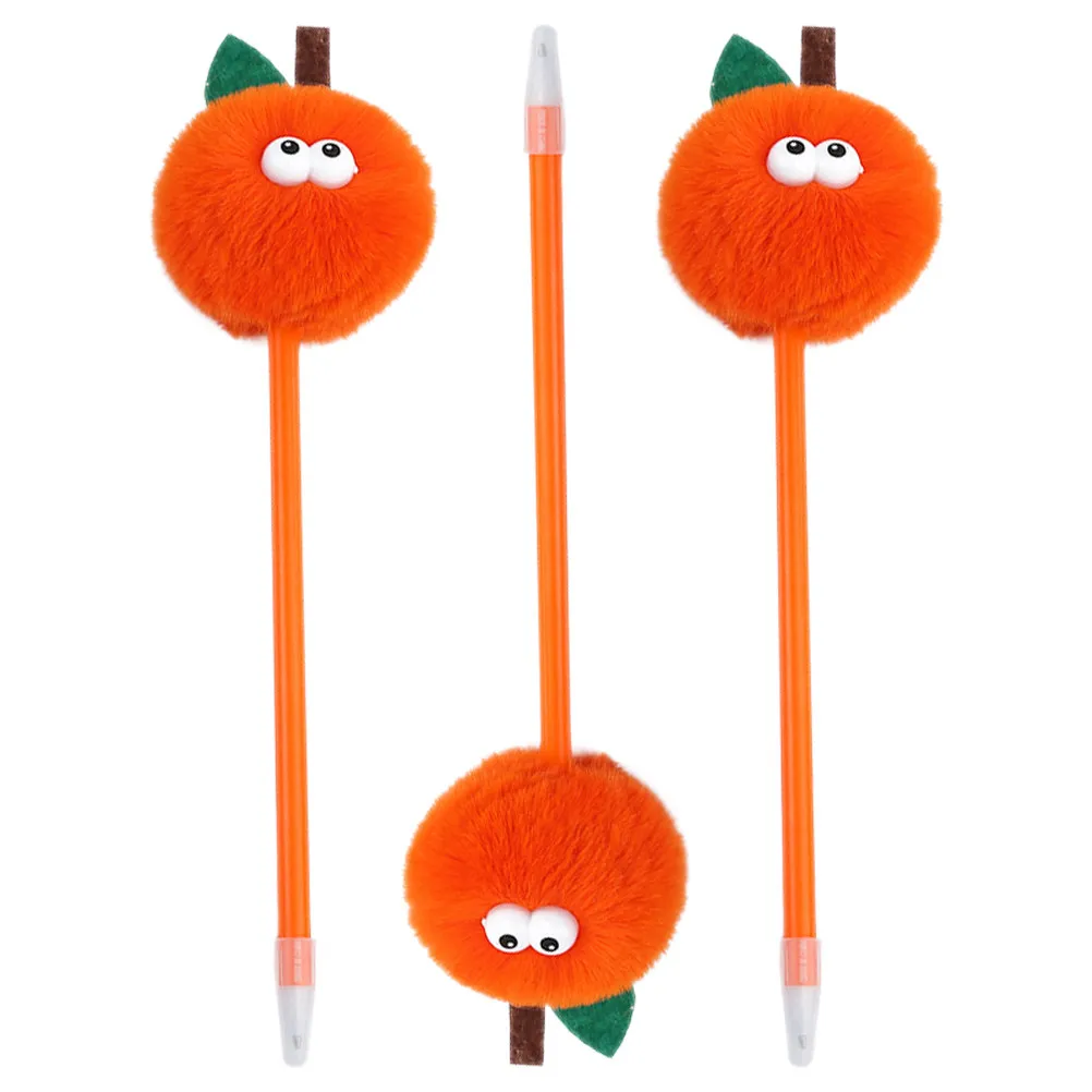 

3Pcs Bright Orange Pompom Ballpoint Pens Kawaii Cute Stationery Set for Girls Kids Students Smooth Writing Portable Desk