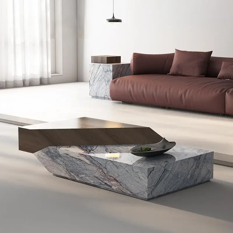 # Minimalistyczny włoski stolik kawowy - designerski stolik centralny z naturalnego travertynu, ekologiczny, luksusowy, na zamówienie, do salonu (zgodny z normami ENF)