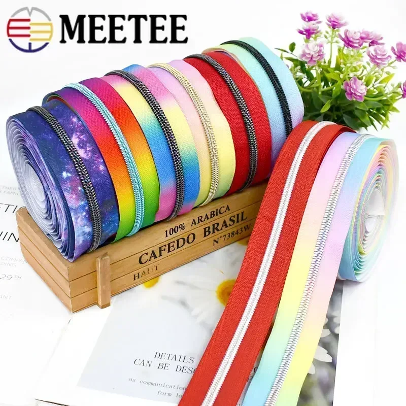 1/2/3M 5# Meetee Printed Nylon Zippers Plastic Decorative Zips Bag Luggage Zipper Coil Roll Rainbow Zip Closures Repair Kit