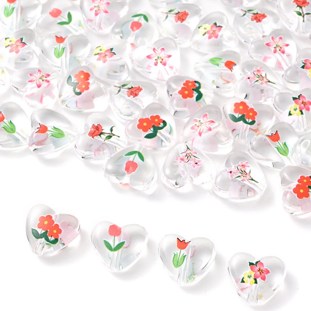 10 Stück transparente Herz-Acrylperlen mit Blumenmuster, lose Abstandsperlen für DIY-Schmuckherstellung, Ohrringe, Armbänder, Halsketten – Detail 1