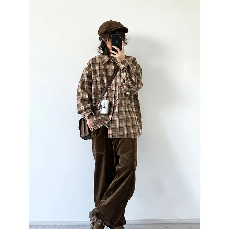 Retro Fleece Shirt Men Women Harajuku Patchwork Check Loose Cardigan Coat Japanese Casual Lapels Long Sleeves Autumn Unisex Tops