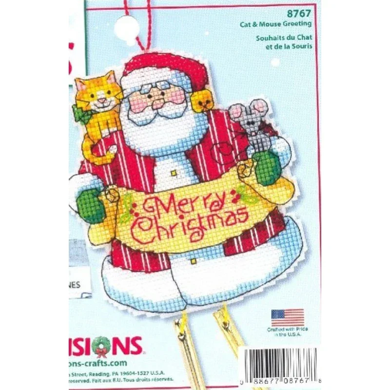 Gold Collection Counted Cross Stitch Kit Merry Christmas Santa Cat and Mouse Greeting Wind Chimes Windbell Ornament DIM 8767