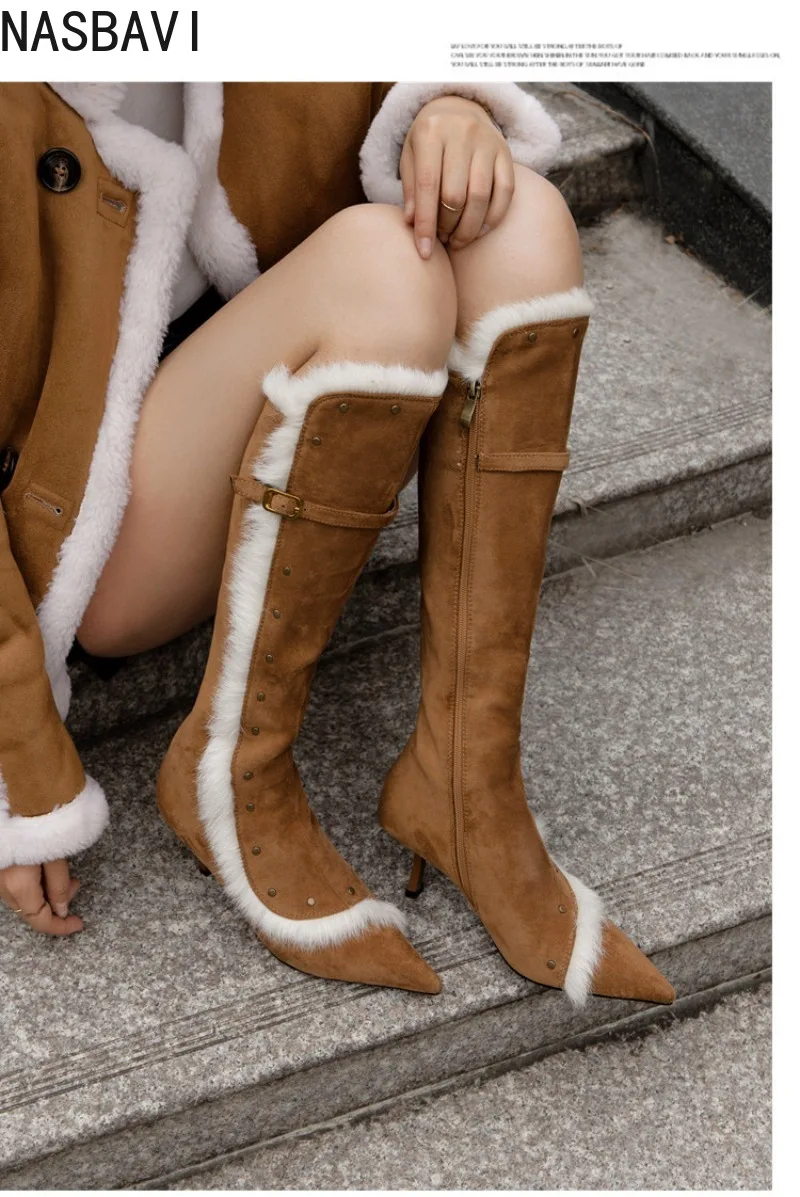 Sepatu Bot Wanita Musim Dingin Bahan Suede Cokelat, Ujung Runcing, Bulu Kelinci, Setengah Paha, Hak Tinggi, Sepatu Salju, Ritsleting Samping, Tali Tipis Hitam, Gesper, Botine