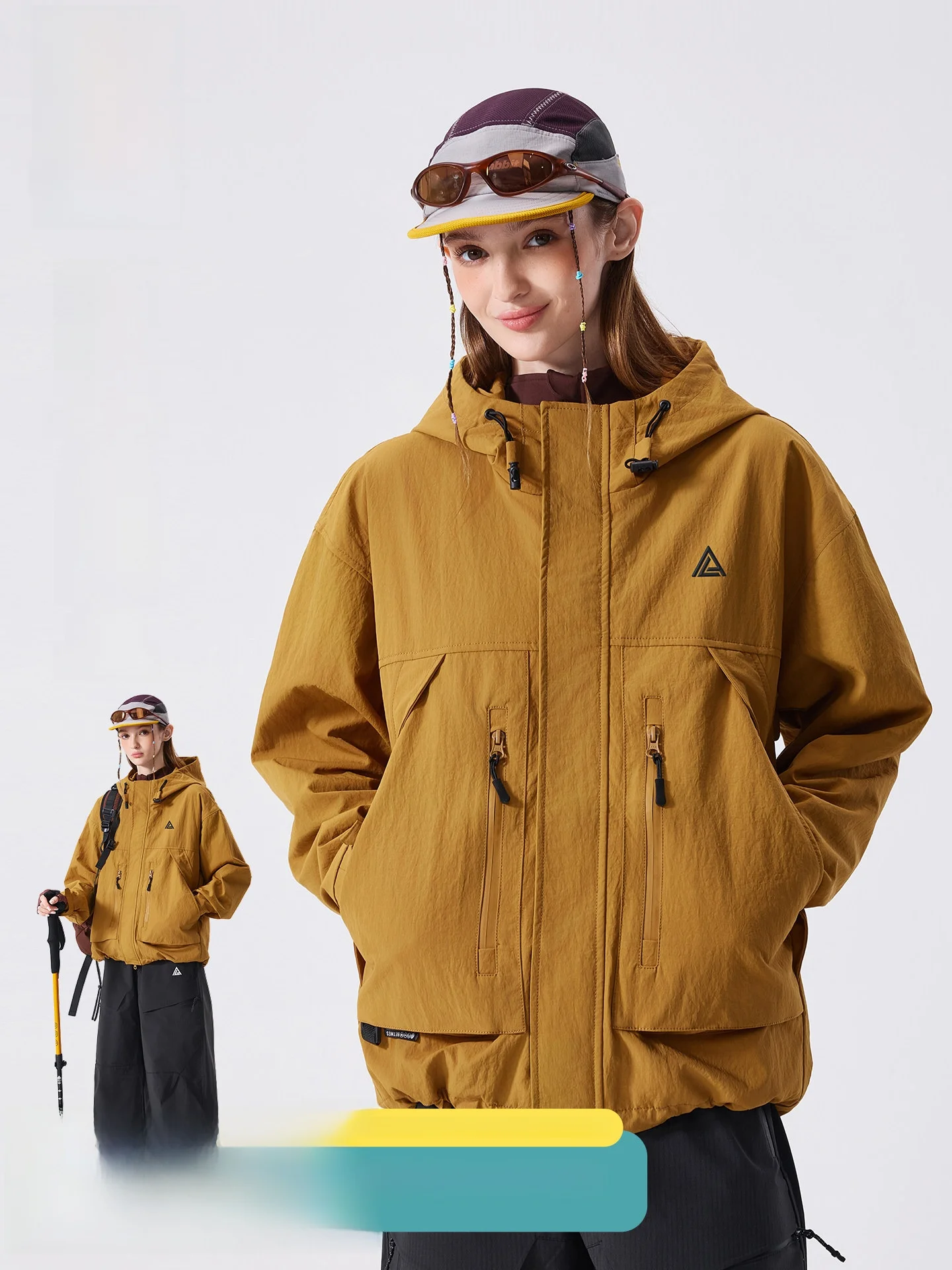 LAZY DAY Outdoor Windproof Hooded Jacket Women's Loose Hiking Coat Autumn Winter Polyester Fiber Nylon Fabric Quick Dry
