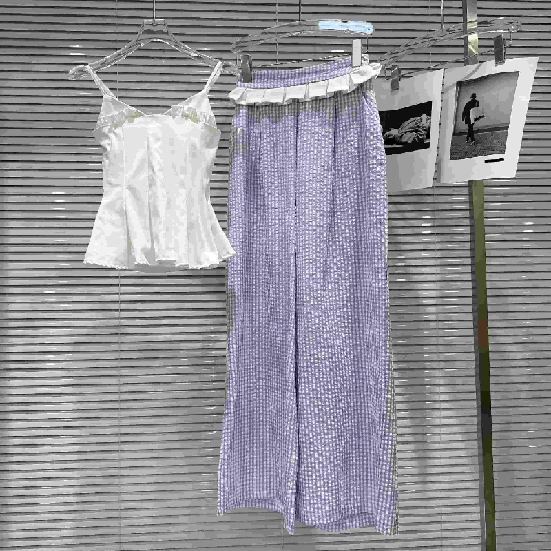 

Sweet temperament pleated tank top+contrast color skirt edge straight leg pants women summer fashion casual two piece set