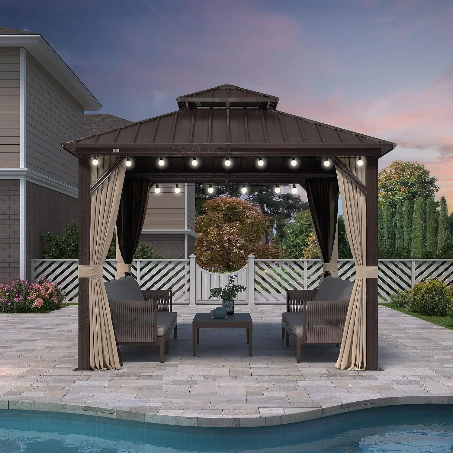 Outdoor Hardtop Gazebo 10' x 10' with LED Galvanized Steel | Double Roof, Cooler Shade, Yarn-Dyed Curtain, Color, Customized