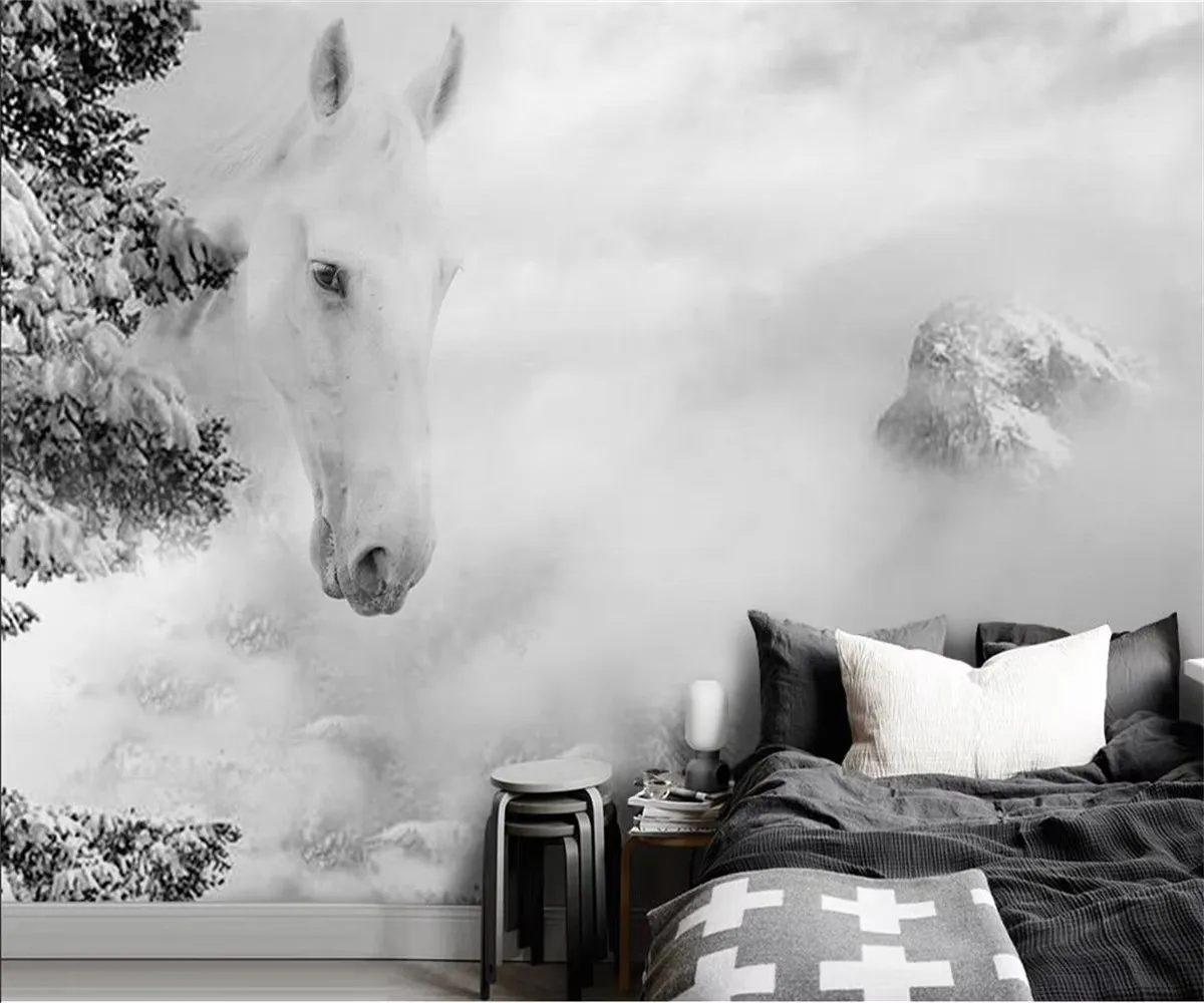 

Настенные обои на заказ, скандинавский минималистичный черно-белый конь, гостиная, спальня, фон, стена, 3d обои papel de parede