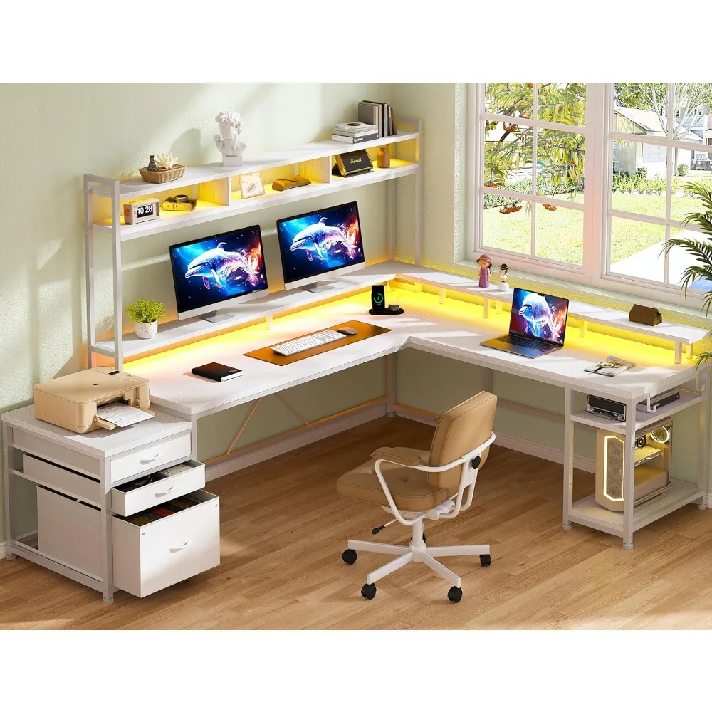 

Computer Desks, with Drawers 66" Reversible Gaming Computer Desk with LED Light & Power Outlets White L Shaped Computer Desks