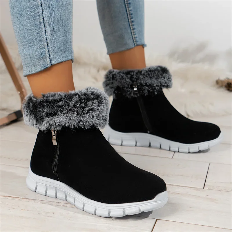 Winter Solid Color Fashion Plush Cuffed Warm Short Boots New Elegant Flat Zipper Comfortable Casual Snow Boots Chaussure Femme