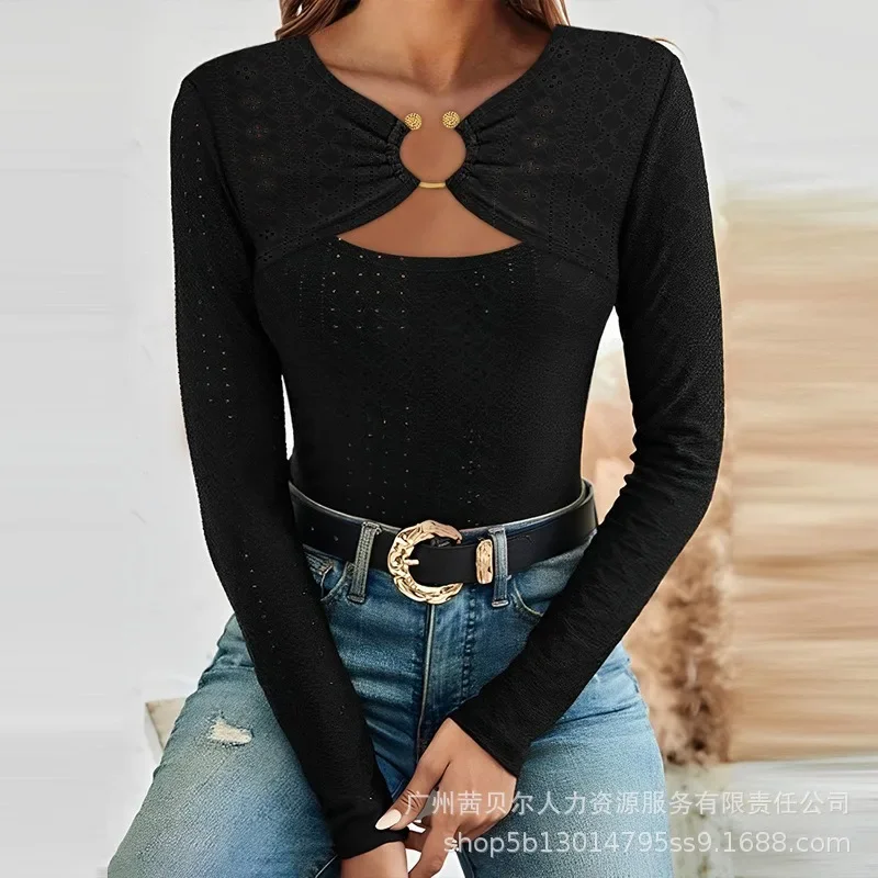 Autumn Sexy Lace Hollow Out Slim Fit T-shirt 2023 Women\'s New T-shirt Top Women\'s Fashion Long Sleeve Round Neck Elegant T-shirt