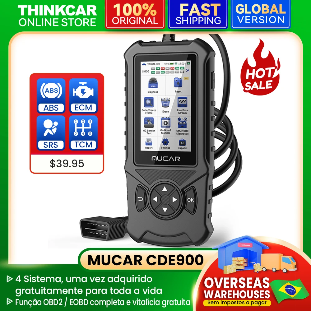 MUCAR CDE900 Auto OBD2 Scanner Ferramenta de diagnóstico de carro com sistema de motor ABS SRS TCM Atualização gratuita à vida Leitor de código de erro limpo
