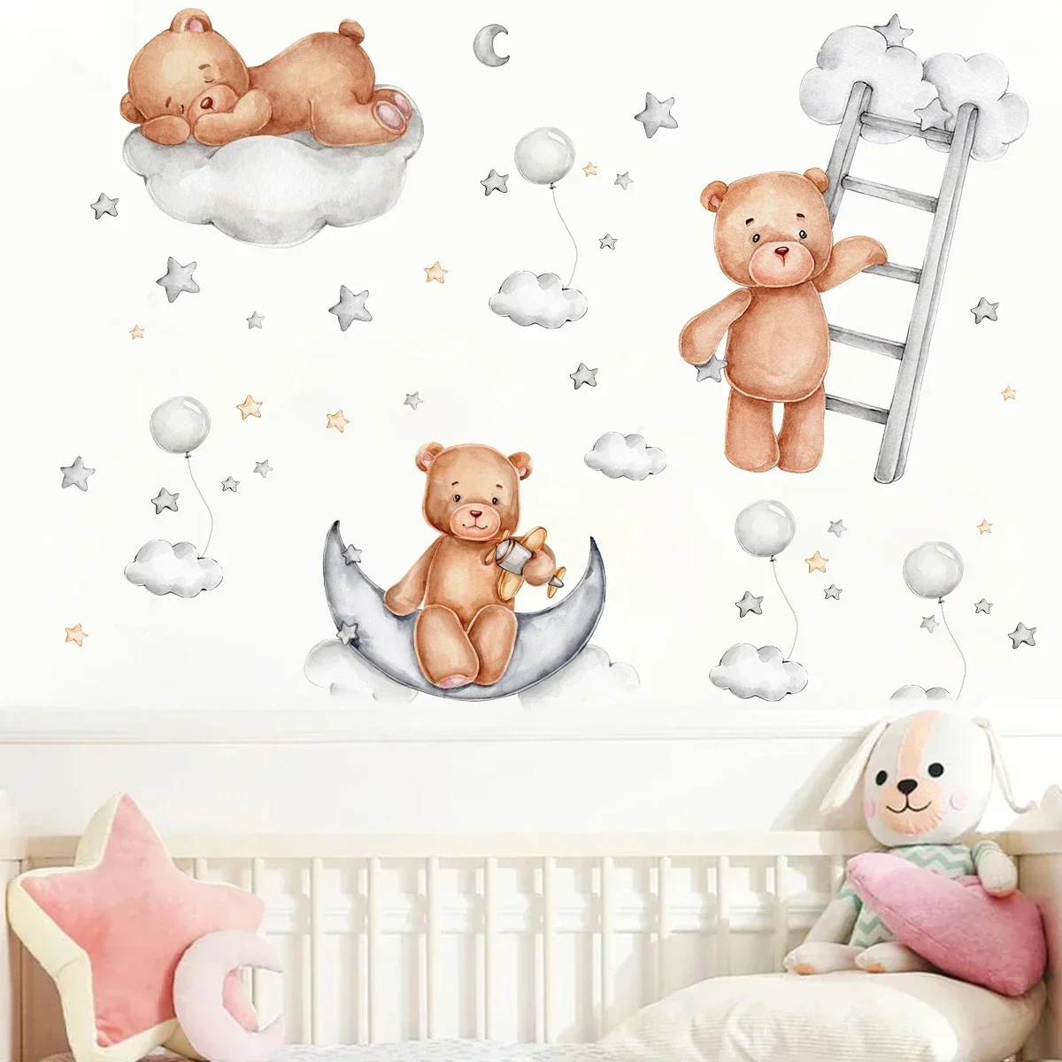 2pcs Cute Cartoon Bear Moon Stars Balloons Wall Stickers for Kids Room Bedroom Nursery Home Decoration Wall Decals