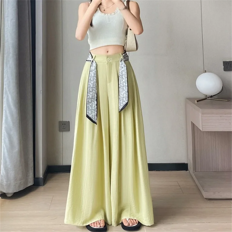 Elegant Wide Leg Trouser Women Pants Srring Summer High Waist Loose Fit Straight Pants Printing Lace-up Long Women Pants