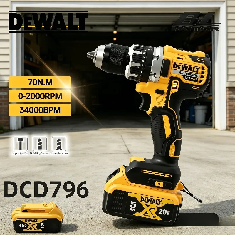 DEWALT DCD796 Compact 20V Cordless Rechargeable Brushless Impact Drill, Portable Electric Drill Driver Power Tool.