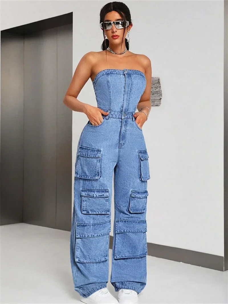 Streetwear Denim Strapless Jumpsuits Summer Clothes Women 2025 Multi Pockets Cargo Jeans Long Rompers One Pieces Overalls Outfit