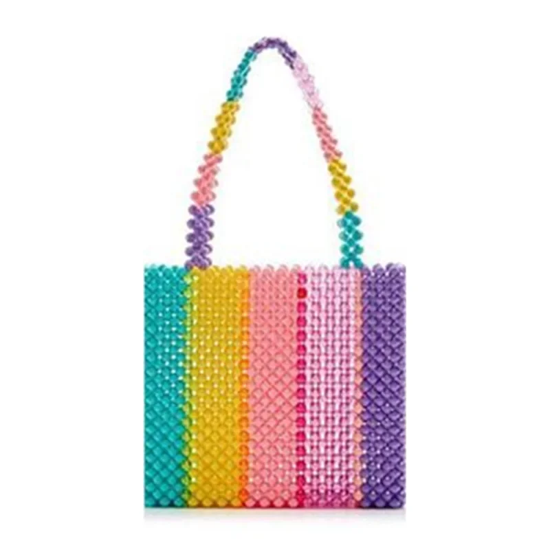 Ins Popular Bead Bag Rainbow Hand-woven Pearl Celebrity Handbag Unique Design Colourful Ladies Party High Quality Summer