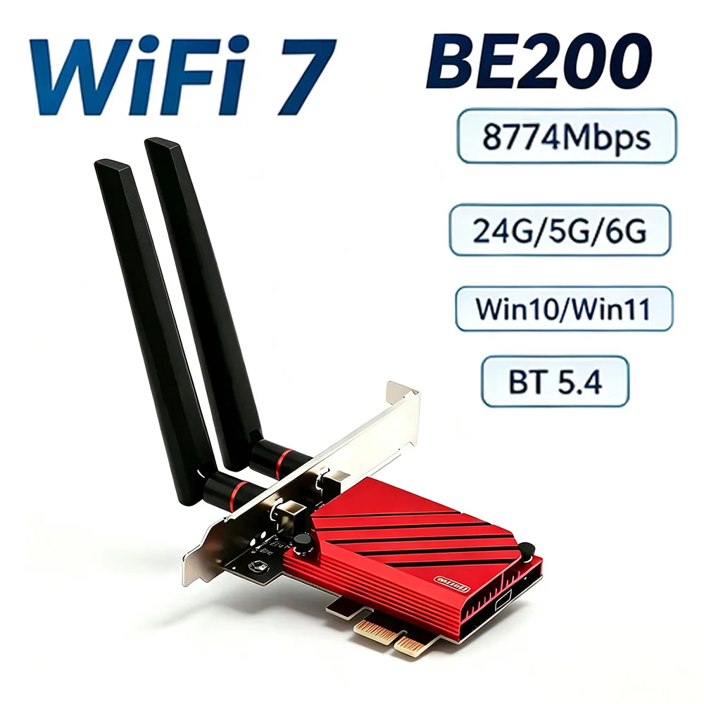 WiFi 7 802.11be PCIE WiFi Adapter 8774Mbps Tri‑Band 2.4G 5G 6GHz BT 5.4 Desktop Network Card WPA4 MU‑MIMO OFDMA For Win10 Win11