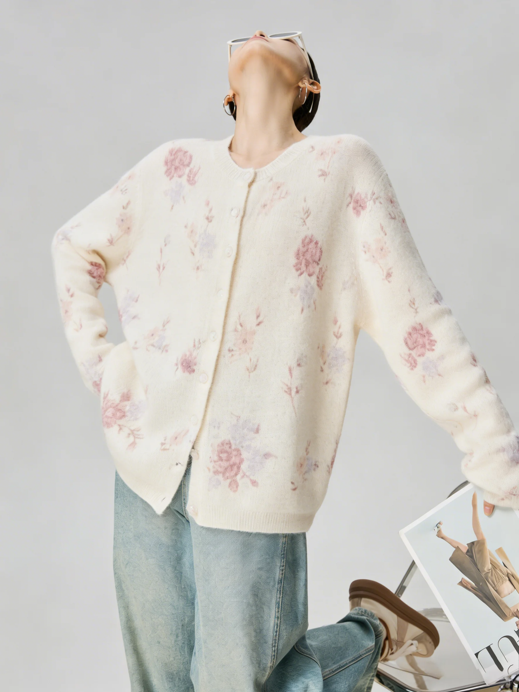 

Chic Pink Purple Gradient Print Knitted Open Cardigan Spring Fashion Women's Style Gentle High Intelligence Dressing Top