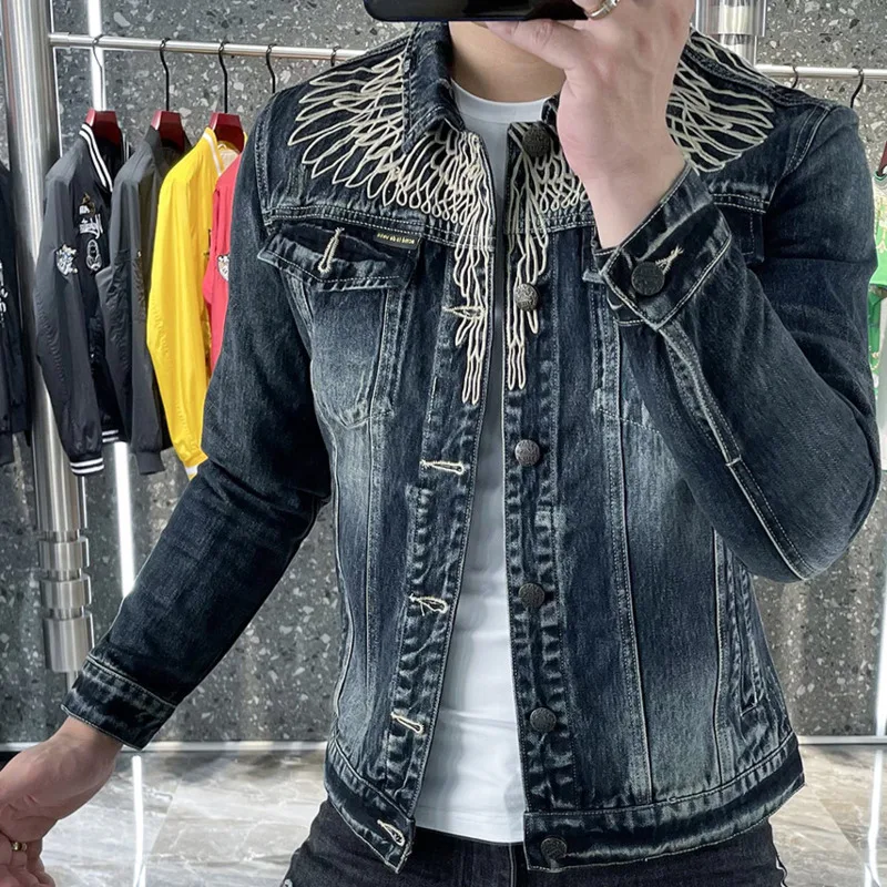 Trendy Brand Wings Embroidered  Denim Jacket For Men Fashion Ripped Button Jeans Jacket Outfit Coat Men 2022 Streetwear Jacket