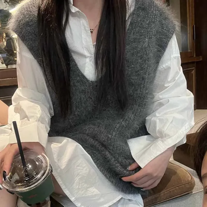 

Свободный повседневный офисный женский 3-цветный осенний женский свитер, жилет, белый базовый вязаный женский свитер без рукавов с v-образным вырезом