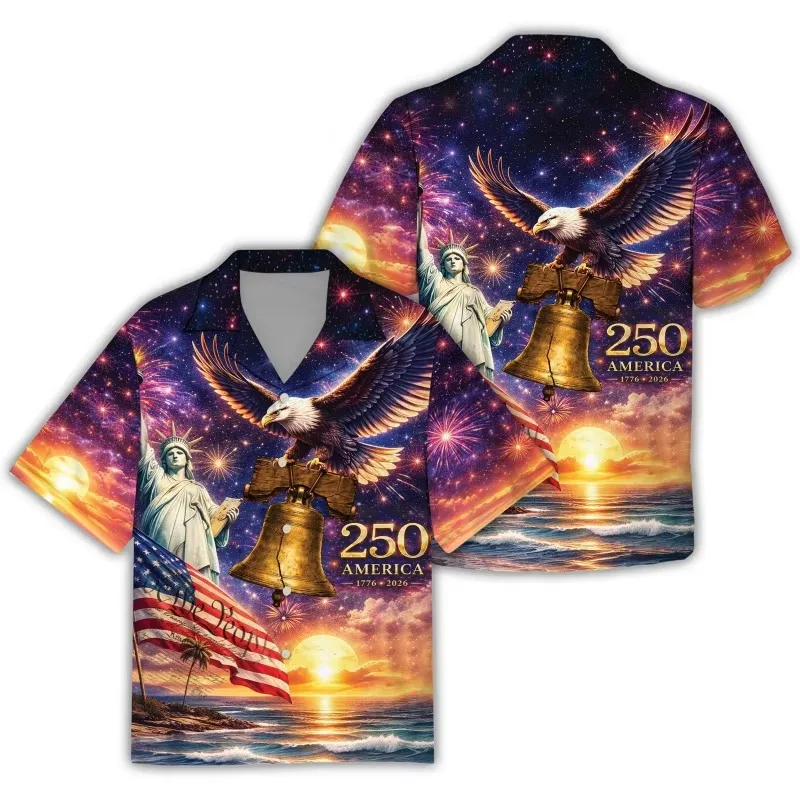 Funny USA 250th Anniversary Graphic Hawaiian Shirt For Men 3D Printed Eagle Flag Short Sleeves Summer Blouses Lapel Aloha Shirts