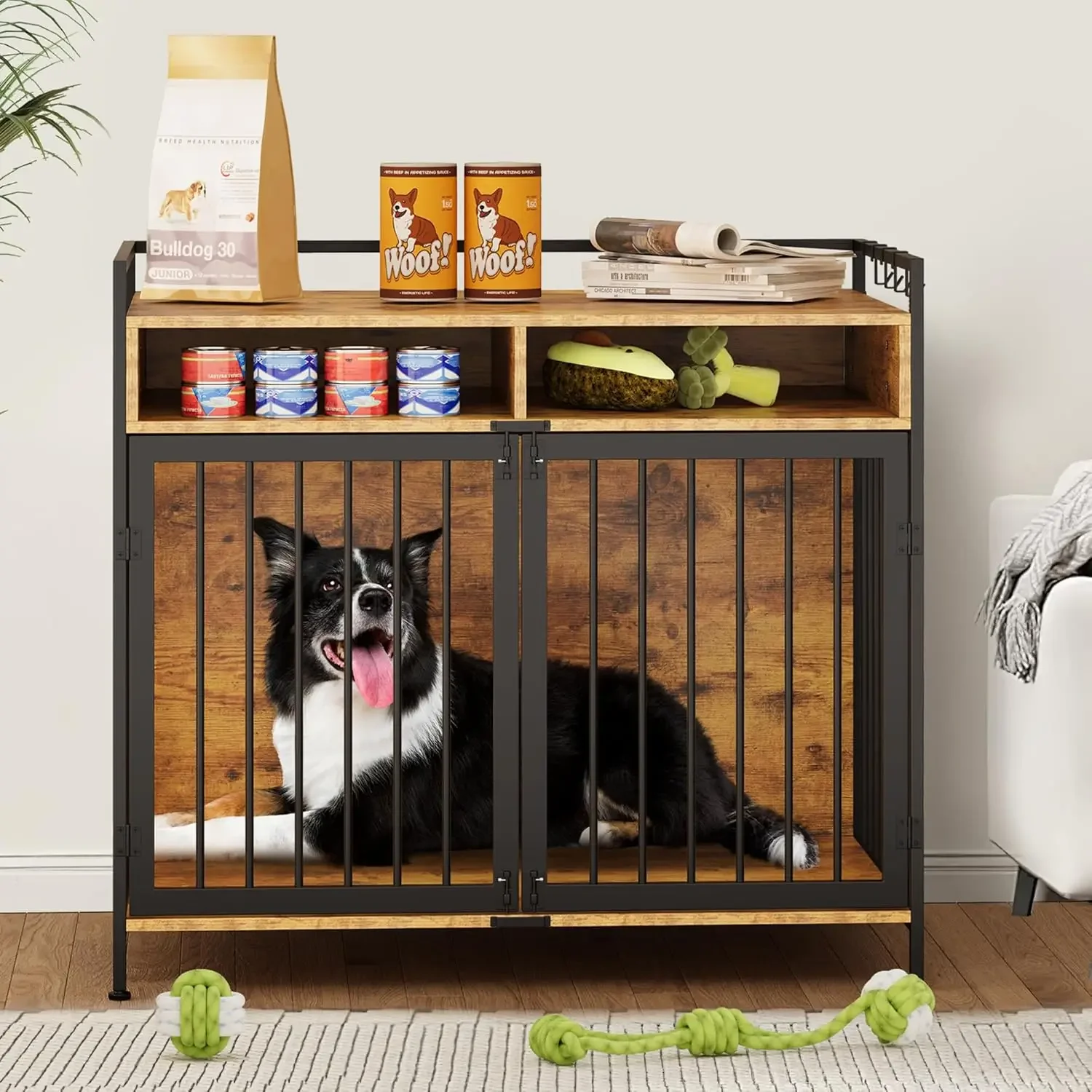 9 Plus Factory Supply Classic Wooden Sturdy Large Dog Crate with 2 Drawers End Table Cage Indoor House with Double Doors