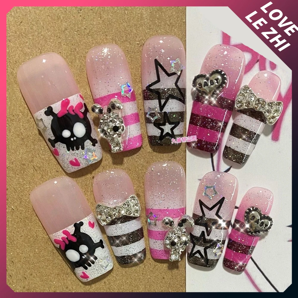 Y2K Spicy Girl Rilakkuma Handmade Long Square Press On Nail Shiny Diamond Sequins 3D Flower Bow Musical Notes Reusable Fake Nail