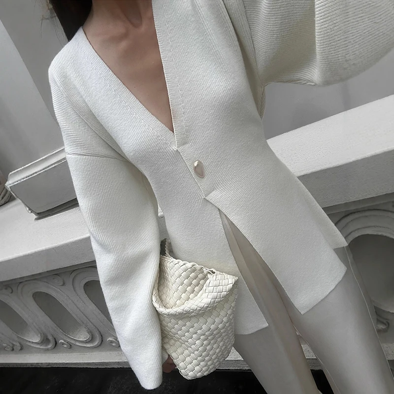 

Tornova V neck Slit Sweater Cardigan Women's One Buckle Long Sleeve White Knitwear Top Elegant Slim Office Lady Lace Up Cardigan