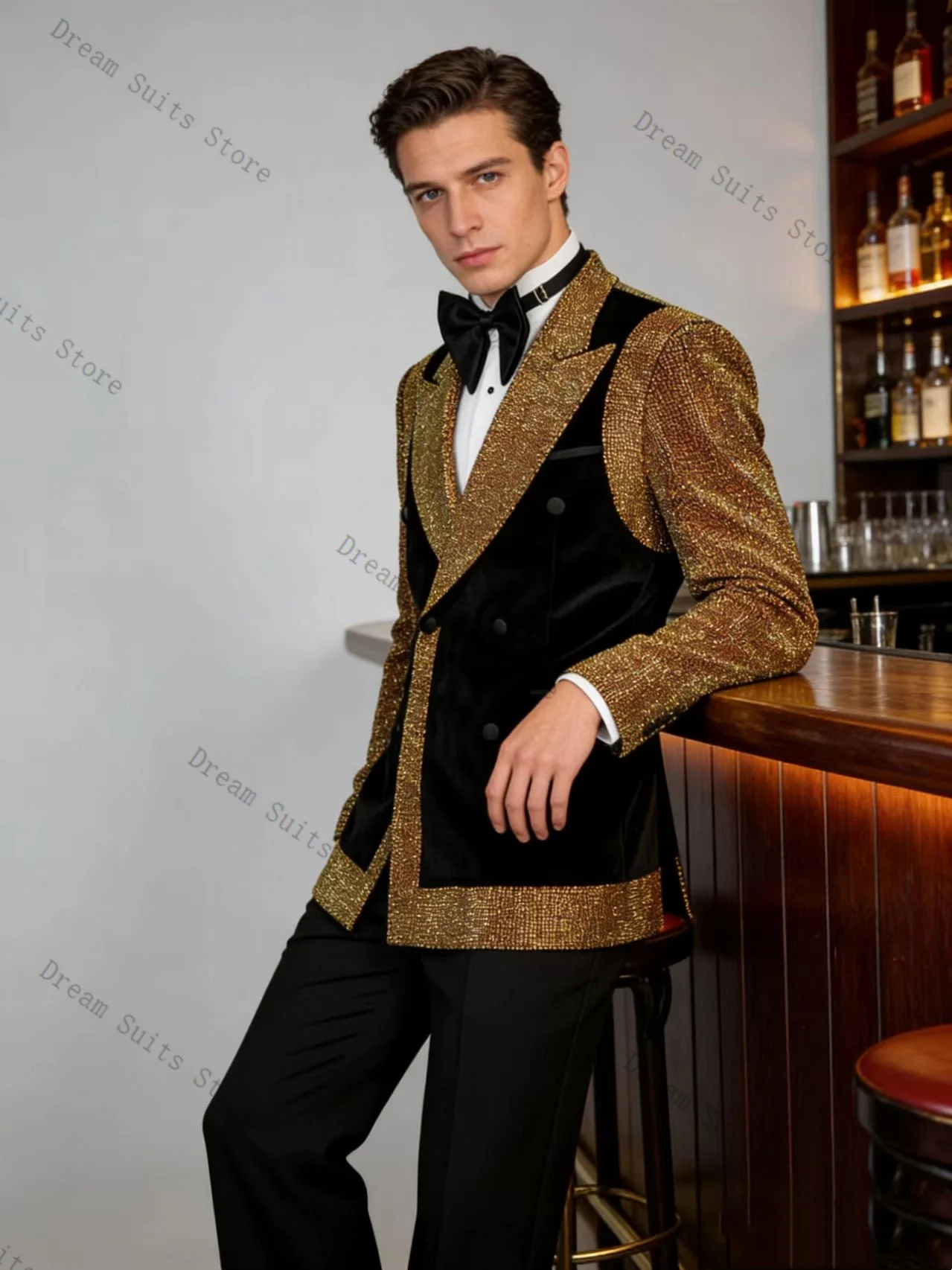 

Golden Crystals Men Suit Set 2 Pcs Black Blazer+Pants Trousers Customized Spring Formal Office Jacket Wedding Tuxedos Prom Coat