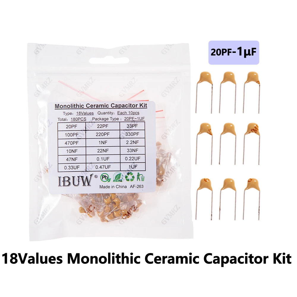 180PCS 18Values Monolithic Ceramic Capacitor Kit (20PF-1μF) for DIY Electronic Filtering & Oscillator Circuit Projects 22NF