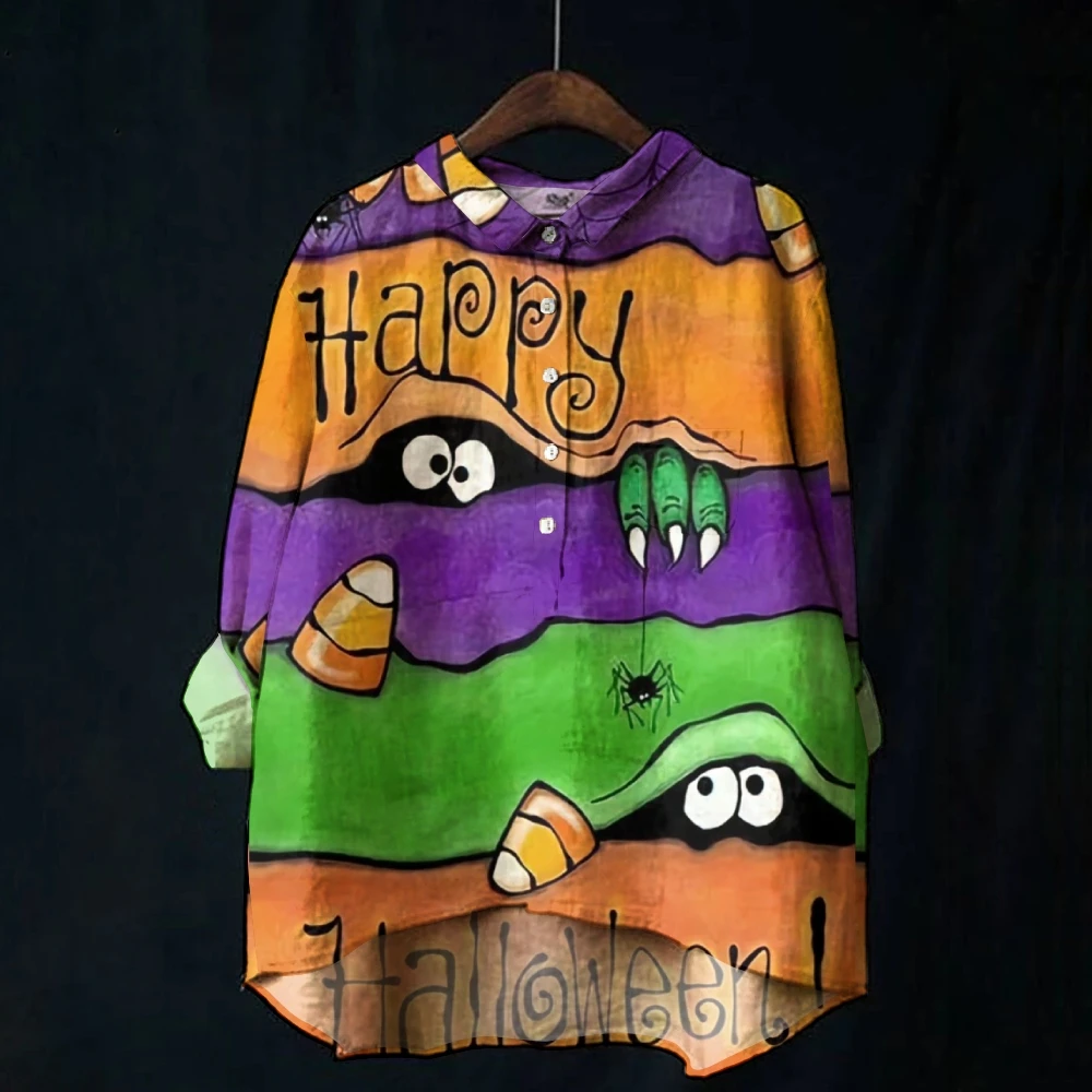 

Happy Halloween Cute Missile Monster Faces Women's Print Casual Long Sleeve Shirt Trick-or-Treat Top Women Ghost Halloween Party