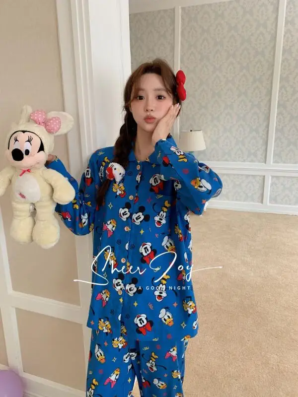 Hot Selling  Cartoon  Pajamas Lapel Set for Women Comfortable and Skin-Friendly Printed Student Home Clothes Holiday Gift